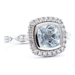 Cushion Aquamarine and Diamond Halo Ring 14K White Gold