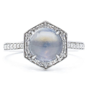 Moonstone and Diamond Halo Ring 14K White Gold