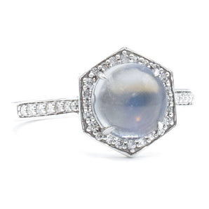 Moonstone and Diamond Halo Ring 14K White Gold