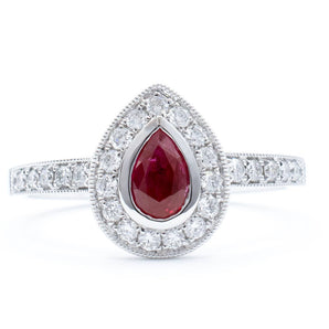Ruby and Diamond Teardrop Halo Ring 18K White Gold