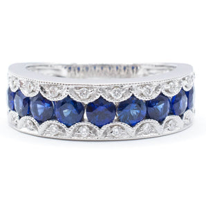 Round Sapphire and Diamond Patterned Ring 14K White Gold