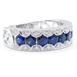 Round Sapphire and Diamond Patterned Ring 14K White Gold