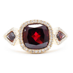 Three Stone Garnet and Diamond Ring 14K Yellow Gold