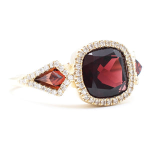 Three Stone Garnet and Diamond Ring 14K Yellow Gold