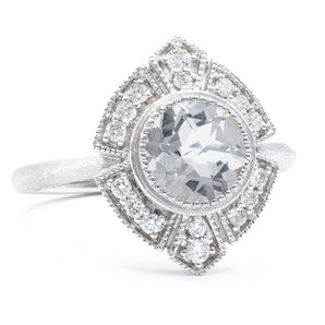 White Topaz and Diamond Art Deco Ring 14k White Gold