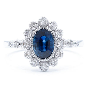 Sapphire and Diamond Milgrain Bezel Ring 18K White Gold