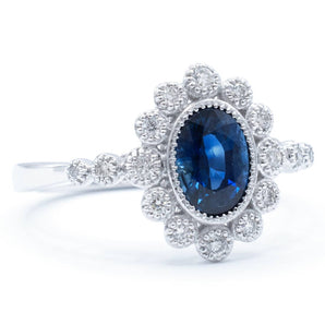 Sapphire and Diamond Milgrain Bezel Ring 18K White Gold