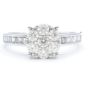 Round Diamond Cluster Ring With Baguettes 18K White Gold