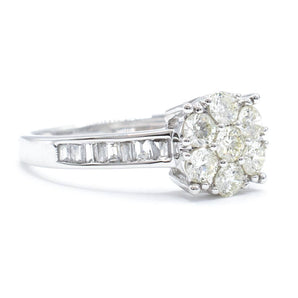 Round Diamond Cluster Ring With Baguettes 18K White Gold