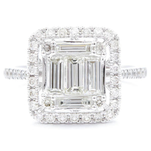 Baguette and Round Diamond Cluster Engagement Ring 18K White Gold