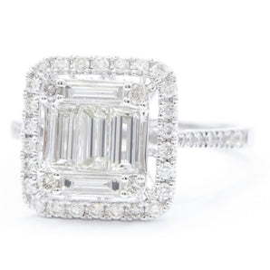 Baguette and Round Diamond Cluster Engagement Ring 18K White Gold