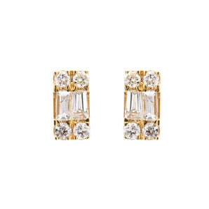 Baguette and Round Diamond Rectangle Stud Earrings 14K Yellow Gold