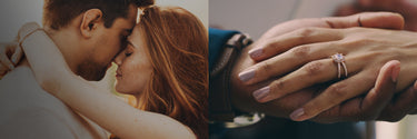 engagement couple and engagement ring on hand