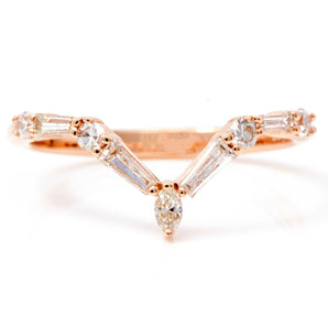 Baguette, Round and Marquise Diamond Chevron Wedding Band 14K Rose Gold